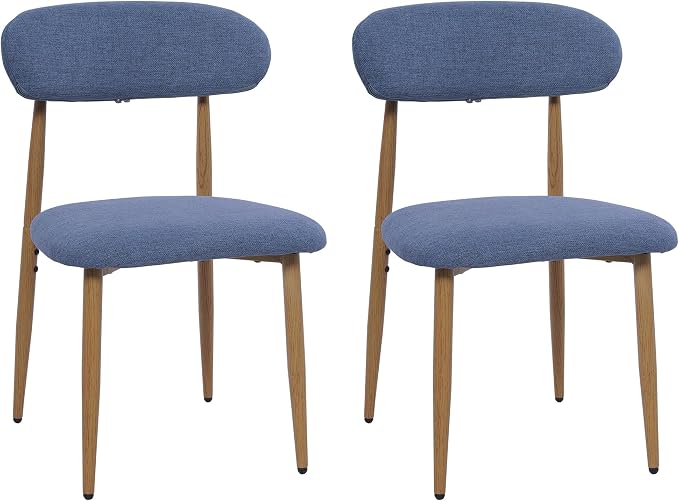 FREKEN Modern Upholstered Dining Chairs Set of 2, Mid-Century Metal Frame with Wood Grain, Linen Fabric Side Chair for Kitchen Dining Room, 350lbs Capacity, Blue