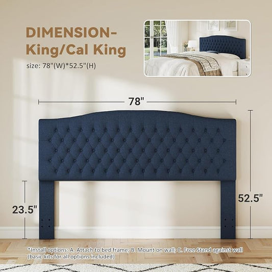 King Headboard Only, Upholstered Headboard for Adjustable Bed Linen Tufted Cal King Size Wall Mounted Head Board with Solid Wood Legs Head Board, Navy Blue