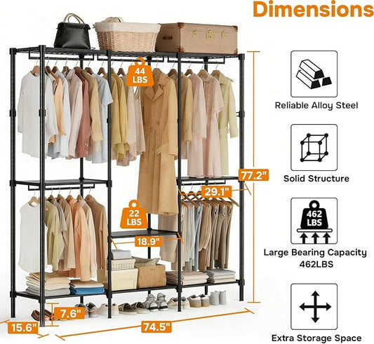 Simple Deluxe Clothes Rack, Heavy Duty Clothing Rack, 4-Shelf Portable Adjustable Wardrobe Closet with Hanging Rods, 74.2" W x 15.5" D x 77.1" H, Black