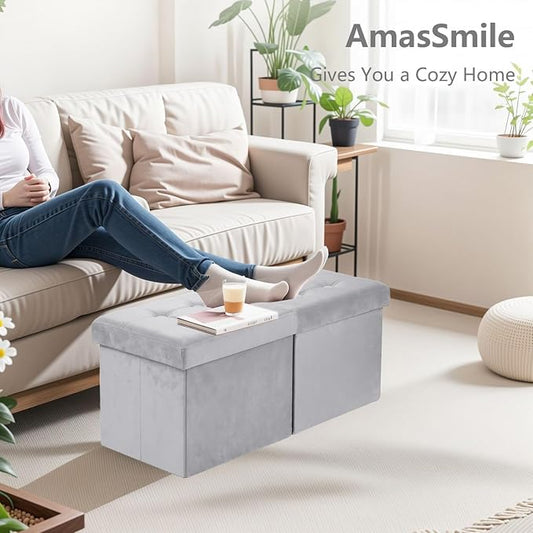 AmasSmile® Storage Ottoman Foot Rest Stool, 34 inch Velvet Footstool Bench, Short Ottoman Stool, Small Folding Storage Ottoman Store Books, Records, Grey