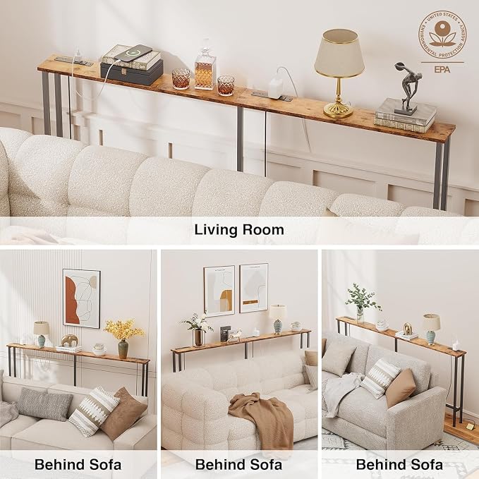 Keelian 90" Narrow Sofa Table - 2 Power Outlets & 4 USB Ports, Metal Frame,Perfect for Hallway, Office, and Behind Sofa - Easy Assembly, 4.9ft Extension Cord Included Rustic Brown