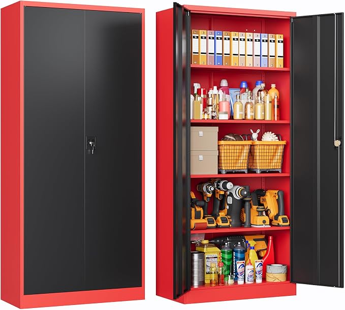72 Inch Metal Cabinet,Lockable Storage Cabinet with 2 Doors and 4 Adjustbale Shelves,Tall Tool Cabinet Cabinet for Garage,Basement,Home Office,Gym(Red & Black)