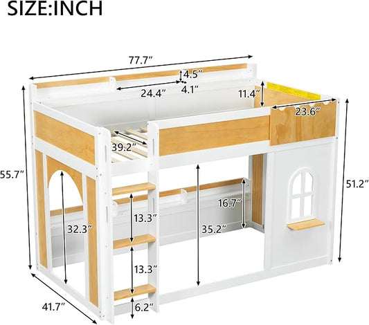 Twin Over Twin Bunk Bed with Storage Shelves,Window and Two Doors,for Kids Teens Adults Use (White+Natural-Window, Twin Over Twin)