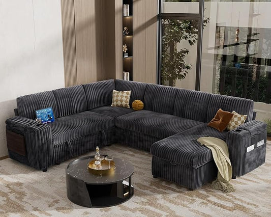 Vipbear 111" Modular Sectional Sleeper Sofa with Pull Out Bed, 7 Seat Plush Corduroy L Shaped Couch with Storage Chaise|USB Ports|Cup Holders|Side Table|Storage Armrests, Tool Free Assembly, Grey