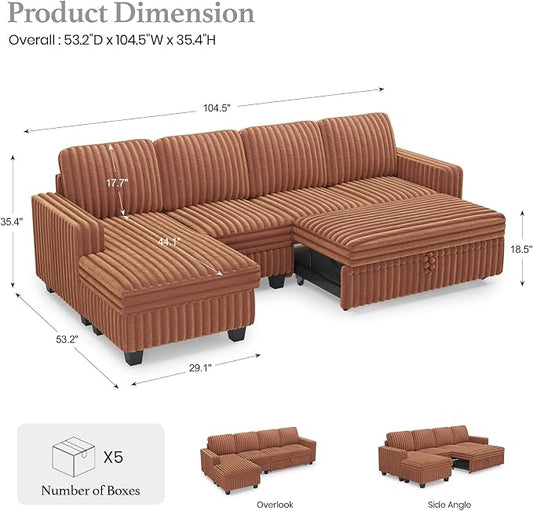 Belffin Modular Sectional Sofa with Storage Chaise Corduroy Sleeper Sofa with Pull Out Bed L Shaped Couch for Living Room. Apartment Couch. Brick-red