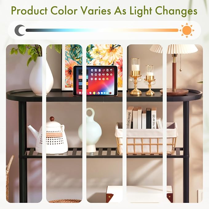 Black Entryway Table for Hallway Bamboo 39.4", Outdoor Console Table Oval Top, Sofa Table Behind Couch 2-tier, TV Stand Plant Stand with Anti-fall Edge, 5min Easy Assembly, 39.4"L x 11.8"W x 29.7"H