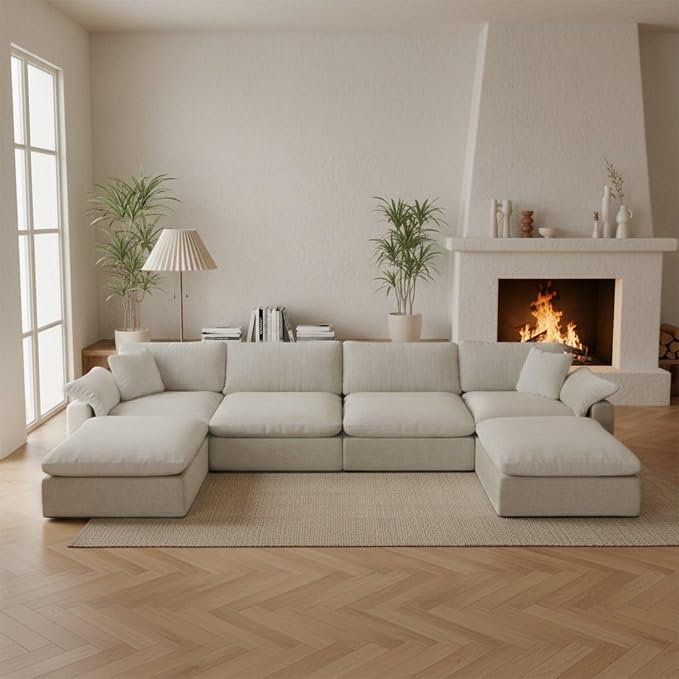 Modern Modular Sectional Sofa U-Shaped 6-Seat with Ottoman,Light Beige-Extra Comfty Deep Seat Couch for Living Room,Apartment,Office & Small Spaces