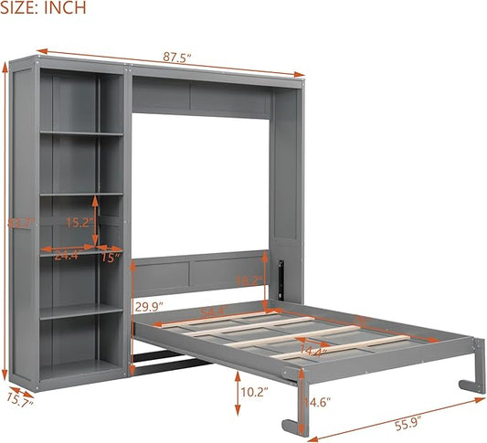 Merax Space-Saving Gray Murphy Bed Full Size with Adjustable Storage Shelves, Multifunctional Foldable Wall Bed for Small Spaces Studio Study Office Guest Room