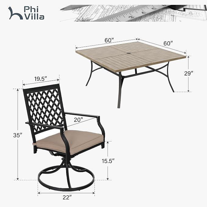 PHI VILLA 9 Pieces Outdoor Dining Set for 8, 60" Square Metal Steel Table with Wood-Like Tabletop & Swivel Wrought Iron Chairs with Cushions, Large Outside Furniture Set for Patio, Deck, Yard, Porch