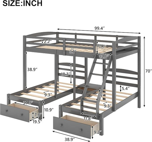 Wood Triple Bed Bunk Bed with 2 Storage Drawers, 3-in 1 Full Over Twin & Twin Bunk Bed Frame with Built-in Middle Drawer, Guardrail Ladder for Kids Teens Adults, Maximized Space Design (Grey-full)
