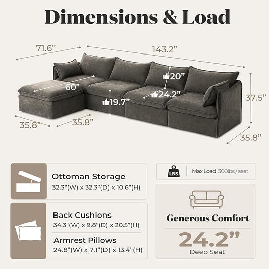 Cloud Modular Sectional Sofa, Oversized Deep Seat Comfort, Luxe Chenille | Fully Removable Washable Covers, Memory Foam Seat Cushions, Storage Ottoman, Premium Fabric
