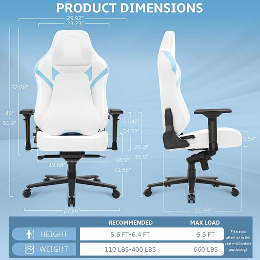 Ergonomic Gaming Chair, Computer Desk Chairs, 4D Armrests, High Back Office Chair with Headrest & Lumbar Pillow, Tilt Rocker Recliner, Heavy-Duty Base, White PU Leather & Blue Suede Combo