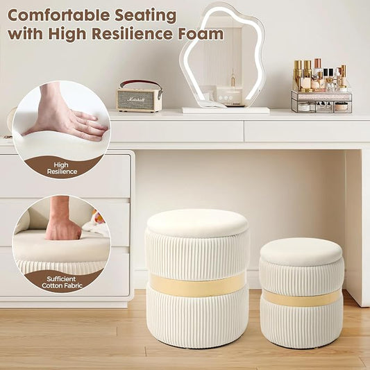 Round Ottoman with Storage Set of 2 Small Ottoman Coffee Table, Foot Stool, Vanity Chair, Removable Lid, for Living Room, Bedroom, Hallway, Assembly Free (White with Middle Gold)
