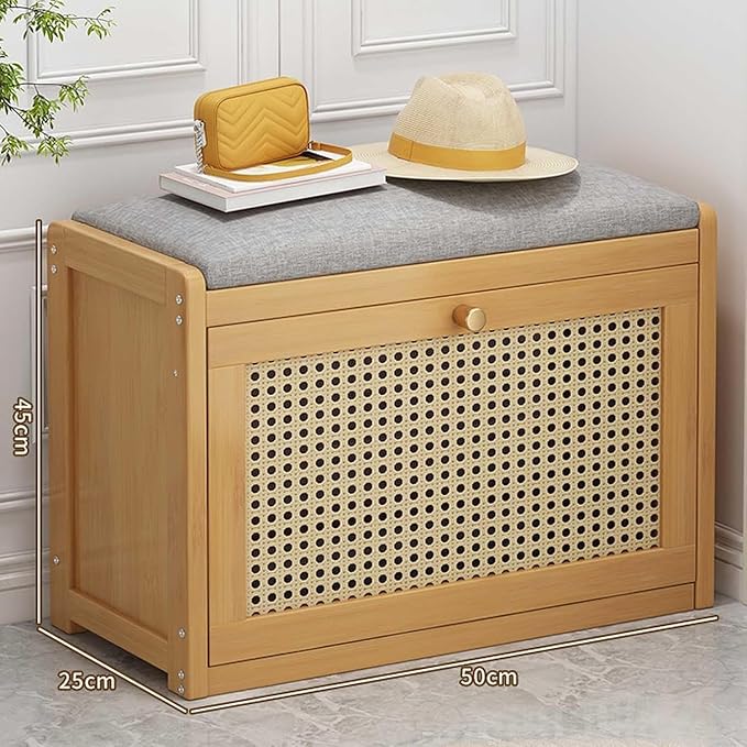 ELEFOCUS Shoe Storage Bench with Rattan Drawers - Slim Shoe Organizer Cabinet for Closet | Space-Saving Closed Shoe Rack (Size:50x25x45cm,Color:Primary Color)