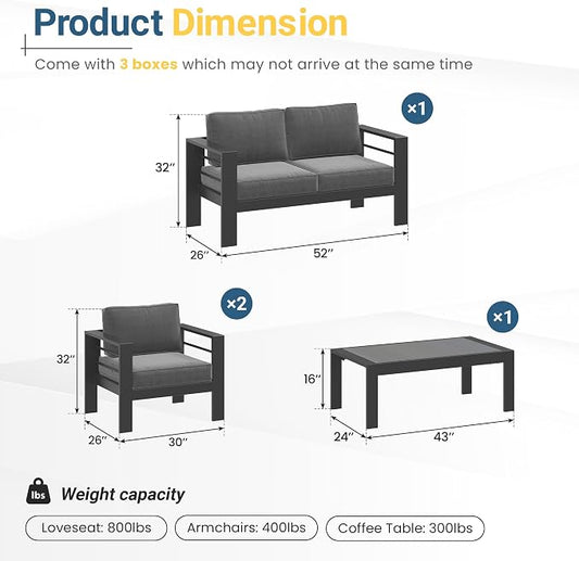 Solaste Aluminum Patio Furniture Set for All Weather, Oversized Metal Outdoor Furniture Set with 27.5" Deep Seating and 3.2" Wide Armrest, Outdoor Patio Conversation Sets with 10" Back Cushion, Gray