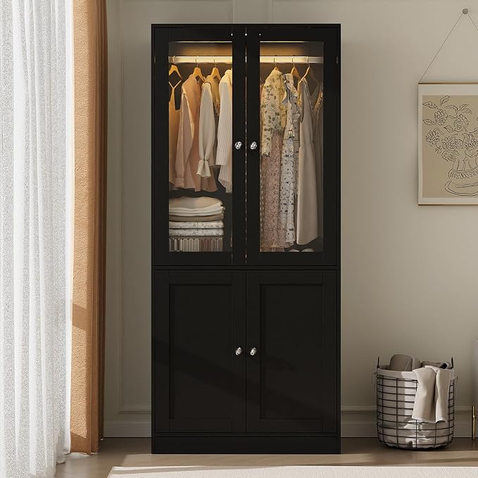 VOWNER 75" Tall Armoire Wardrobe Closet with Drawers & Lights, Clothing Storage Cabinet with 2 Glass Doors & Hanging Rod, Wooden Armoire Storage Cabinet for Bedroom (Black, 75''H)
