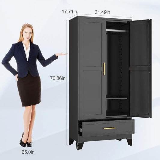 71"H Metal Tall Armoire Wardrobe Closet with Drawer,Household Steel Wardrobe Closet Cabinet with Drawers,Clothing Storage Wardrobes Cabinet with Adjustable Shelves and Hanging Rod For Bedroom