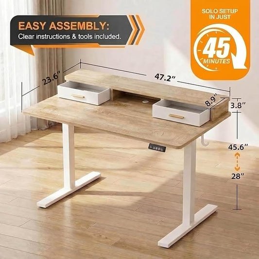 Grandder Electric Standing Desk with Two Drawers, Sit to Stand Up Height Adjustable Desk with Storage Shelf for Home Office, 47 * 24 Inch, Study, Ergonomic Adjustable Computer Desk, Oak
