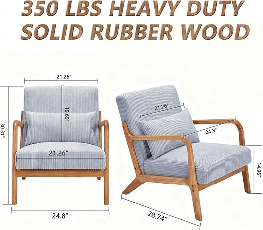 Mid Century Modern Accent Chair with Solid Rubberwood Frame, Comfy Corduroy Reading Armchair with Lumbar Pillow, Compact Lounge Chair for Bedroom, Nursery & Small Spaces, Light Grey