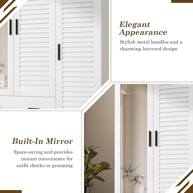jiteentarou 3 Door Armoire Wardrobe Closet Cabinet with Drawers and LED Lights, Multi-Tier Shelves, Hanging Rod & 3 Louver Doors, Large Capacity Storage Wardrobe Armoire for Bedroom(3 Doors White)