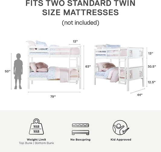 DHP Dylan Convertible Wood Bunk Bed, Stackable and Detachable Bed Frames for Kids and Teens, with Ladder, High Guardrail, Wood Slats, No Boxspring Required, Twin-Over-Twin, White