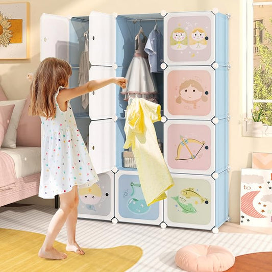INFANS Children Wardrobe, Kid Closet Portable Baby Dresser Cute for Kids Bedroom Nursery Armoire with Doors 12 Cube 2 Hanging Sections, Kid Clothes Storage Organizer (Pink, 12 Cubes)