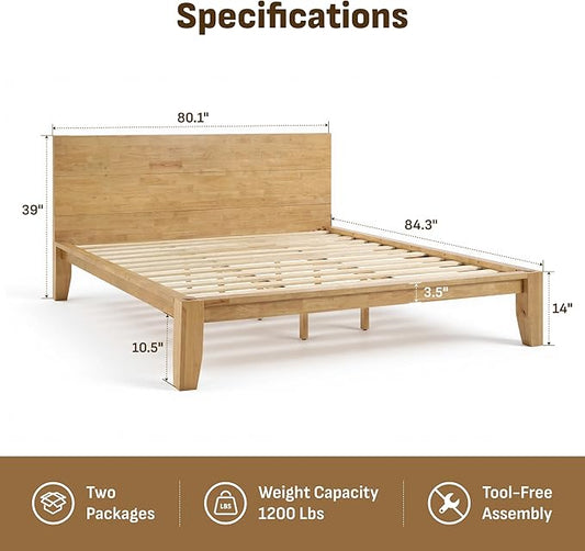 Softa Mikor King Japanese Joinery Bed Frame with Headboard, Solid Rubberwood, 1500 Lbs Heavy Duty Slats Support, SGS Certified, No-Tool Setup, Hidden Storage, USB-A/C Port, No Box Spring Needed