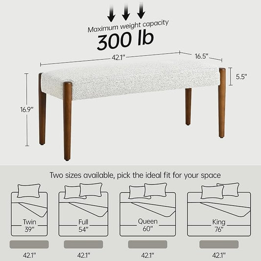 Usaint 42" End of Bed Bench, Modern Upholstered Bedroom Bench with Rubberwood Legs, Entryway Bench with Cushion, Dining Bench for Living Room, Bedroom, Heathered Off-White with Walnut Leg