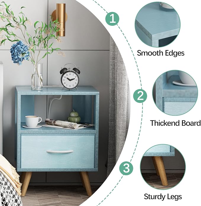 Aenuert Night Stand with Charging Station, Blue Nightstand with Drawer, 2-Tier Wooden Bedside Table with USB Ports and Outlets, End Table for Small Space, Living Room, Bedroom