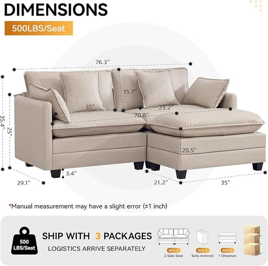 76'' Cloud Deep Seat Loveseat Sofa, Upholstered Leather Modular 2-Seats Sectional Sofa Couch with Movable Ottoman, Modern Comfy Settee Loveseat for Living Room Set, Small Apartment, Leather Beige
