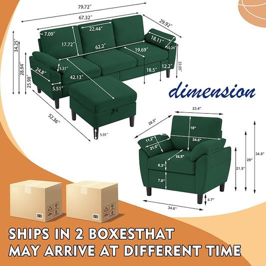 3 Piece Convertible Sectional Sofa Set, Modern Linen Small L Shaped Couch with Reversible Ottoman and Accent Chair, 3-Seat Sofa Couches for Living Room, Office, Apartment, Green