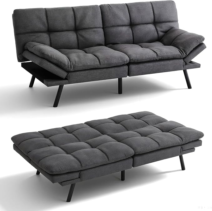 Vipbear 71" Futon Sofa Bed - Convertible Sofa Beds/Adjustable Backrest & Armrest, Comfy Loveseat Sleeper for Small Spaces, Apartments & Offices,Linen Fabric Grey Futons