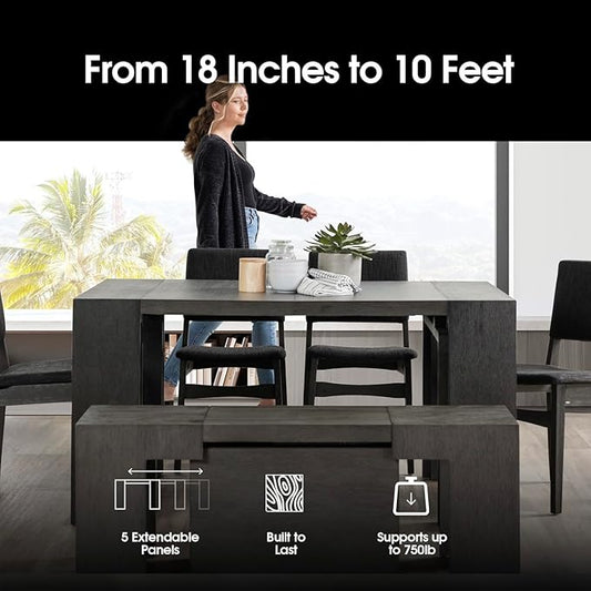 Transformer Table - Solid Wood Extendable Dining Table, Seats 2-12, Expandable Dining Room Table, Space-Saving Furniture, Kitchen and Dining Room Furniture (Dark Grey, Table + Bench)