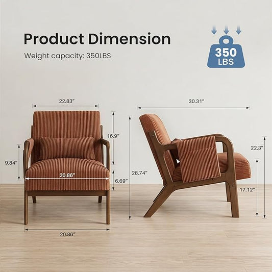 DUMOS Mid Century Modern Accent Chair, Upholstered Armchair with Lumbar Pillow and Solid Wood Frame, Comfy Reading Chair for Small Living Room, Bedroom, Guest Room, Orange