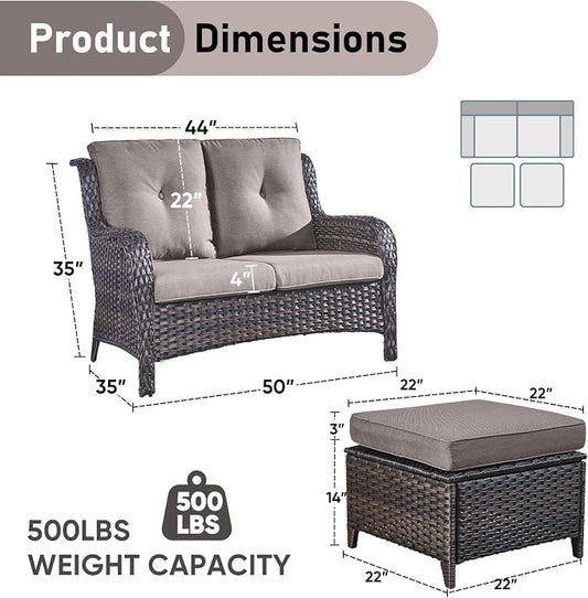 Outdoor Loveseat Sofa - 3 Piece Patio Furniture with Ottoman Deep Seating Patio Couch for Porch Deck Garden Backyard - Brown/Grey
