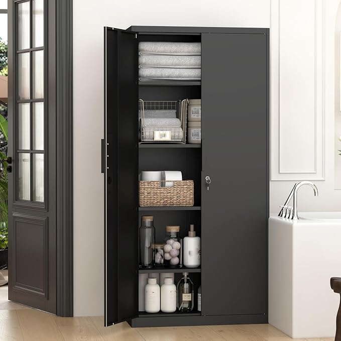 GREATMEET Metal Garage Storage Cabinet with 2 Doors and Shelves - 72" x 34" x 18" Steel Lockable File Cabinet, Black Locking Tool Cabinets for Office Home Garage Gym School