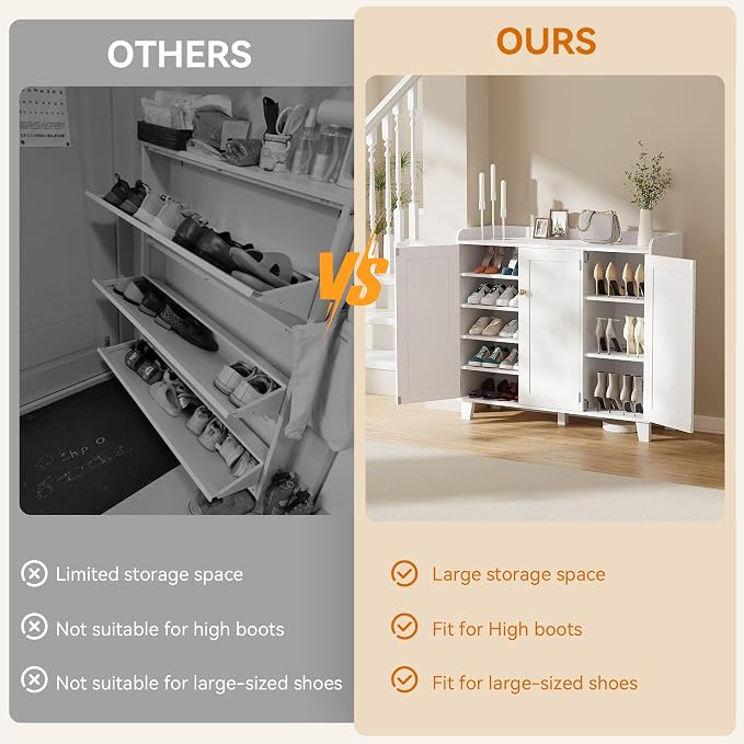 Shoe Storage Cabinet with 3 Doors and Adjustable Shelves,40 Inch Tall Farmhouse Flat-Shelf Wooden Shoe Cabinet,Shoe Rack Shoe Organizer Cabinet for Hallway Entryway Living Room (White)