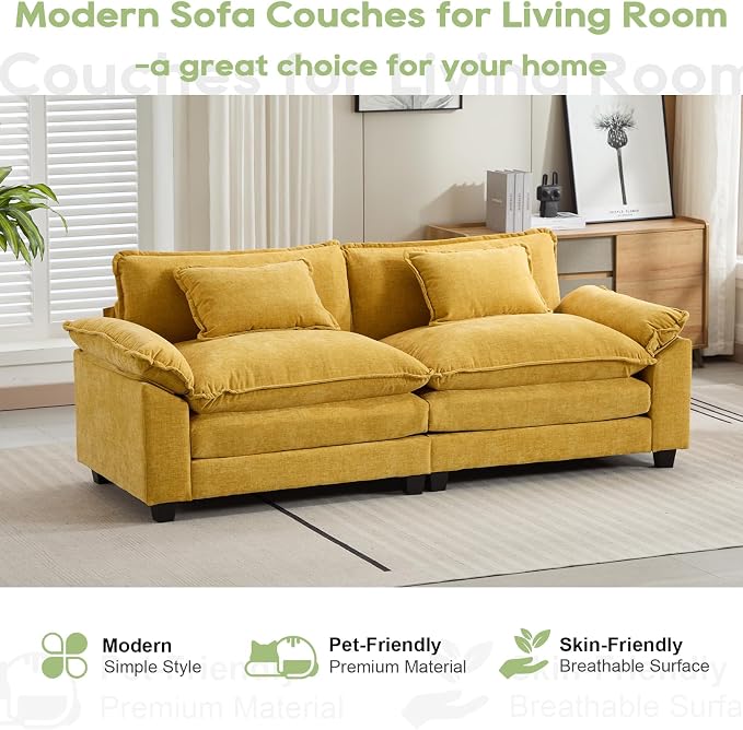 Oprisen 86" Modular Sectional Sofa, Comfy Cloud Couch Sectional Sofa, Chenille Sofa Sleeper Deep Seat Sofa with Throw Pillows for Living Room (Yellow, 86"- Loveseat)