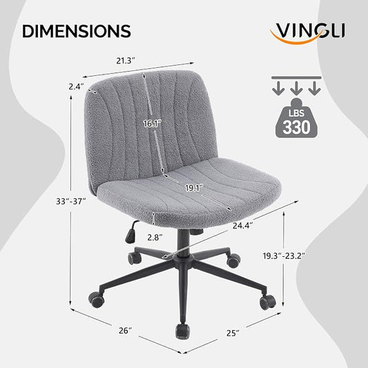 VINGLI Criss Cross Legged Chair,Wide Comfy Office Desk Chair,Dual-Use with/no Wheels Computer Task Chair,Swivel Armless Vanity Boucle Chair for Study,Make Up,Home Office,Teddy Fleece,Dark Grey