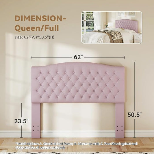 Queen Headboard Only, Upholstered Headboard for Adjustable Bed Velvet Tufted Queen/Full Size Wall Mounted Head Board with Solid Wood Legs Head Board, Pink