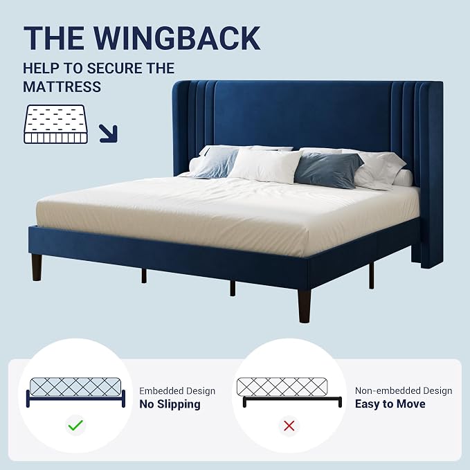 Allewie King Size Velvet Platform Bed Frame with Vertical Tufted Wingback Headboard, Easy Assembly, Under Bed Storage, No Box Spring Required, Modern Style, Blue