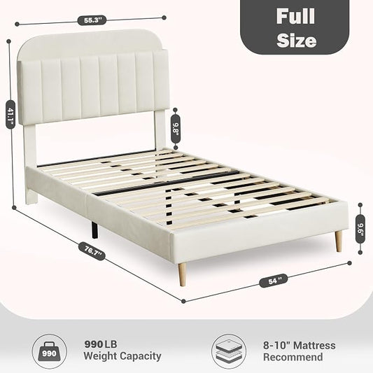 IDEALHOUSE Full Bed Frames, Upholstered Platform Bed Frame with Bookcase Headboard, Velvet Platform Bed Mattress Foundation, Heavy Duty Steel Support Legs, Easy Assembly, Noise Free, Cream White