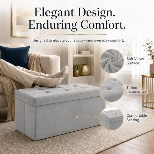 ALASDO 30 Inch Folding Storage Ottoman Bench with Hidden Storage, Velvet Storage Ottoman Foot Rest Stool, End of Bed Bench for Bedroom, Living Room, Entryway and Closet, Dark Gray