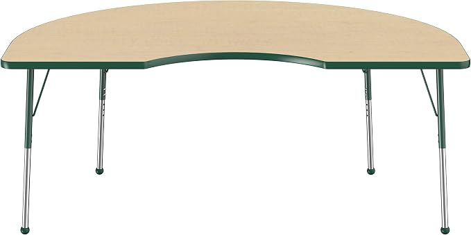 FDP Kidney Activity School and Office Table (48 x 72 inch), Standard Legs with Ball Glides for Collaborative Seating Environments, Adjustable Height 19-30 inches - Maple Top and Green Edge
