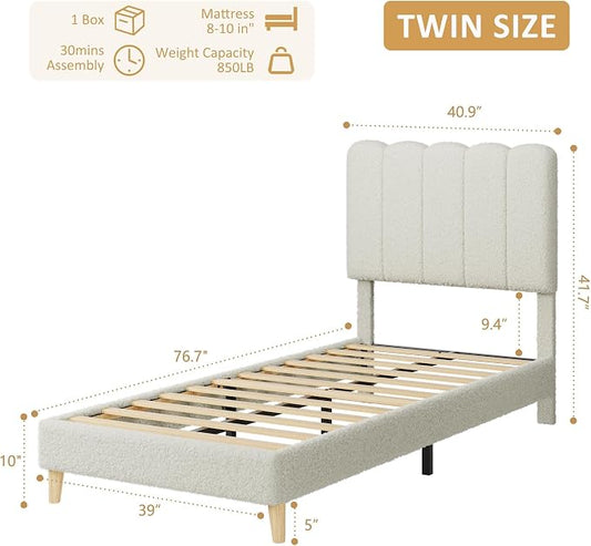 GarveeHome Twin Bed Frame, Upholstered Platform Bed with Wave Headboard for Girls/Kids, Easy Assembly, Wooden Slats Support, No Box Spring Needed, Boucle Beige