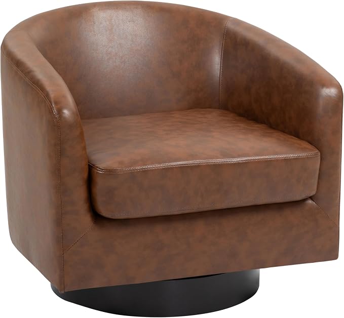360° Swivel Barrel Accent Chair Armchair, PU Leather Round Club Arm Chair for Lving Room, Modern Upholstered Small Bedroom Single Sofa Seat - Coffee Brown, Set of 1