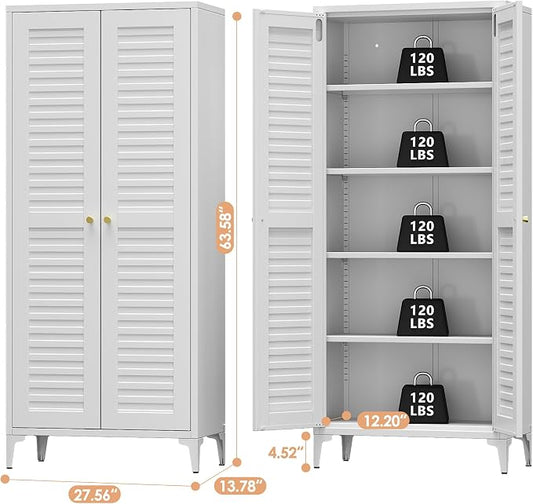 Metal Pantry Cabinet with 4 Adjustable Shelves, White Freestanding Kitchen Storage Cabinet for Dining Room, Kitchen, 63.58" H × 27.56" W × 13.78" D, Required Assembly, White