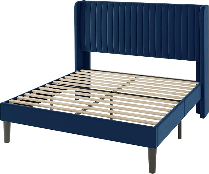 Allewie Queen Size Velvet Bed Frame/Vertical Channel Tufted Wingback Headboard/Upholstered Platform Bed/Strong Wooden Slats/No Box Spring Needed/Easy Assembly/Dark Blue