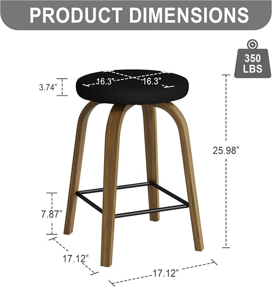 Bar Stools Set of 2, Counter Height Backless Bar Stools, 26" Swivel Barstools Kitchen Chair with Upholstered Fabric Seat, Black