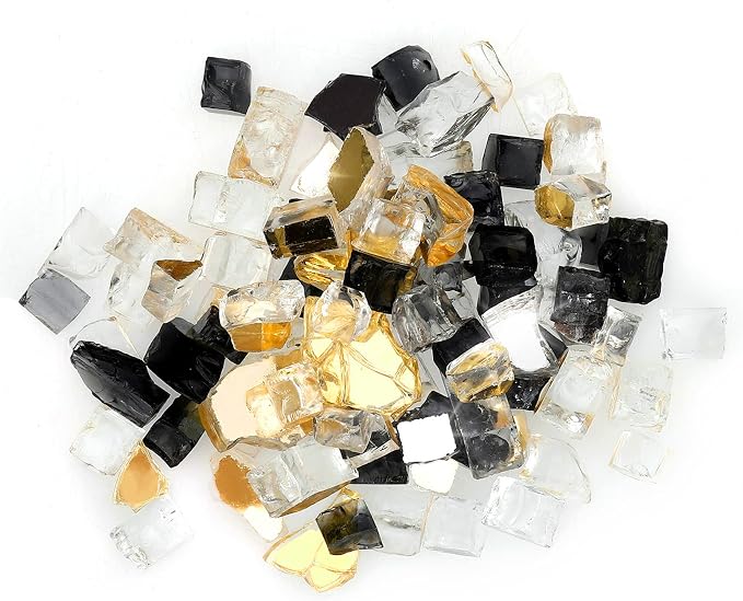 Onlyfire 10 Pounds Blended Reflective Fire Glass for Fire Pit Fireplace and Landscaping, 1/2 Inch Mixed Colored High Luster Fireglass Rocks for Outdoor and Indoor Use - Onyx Black+Platinum+Gold